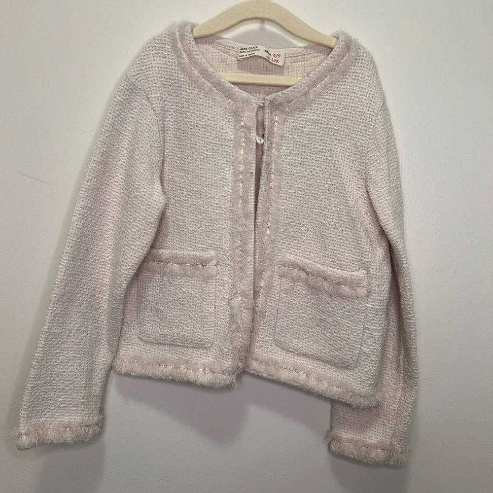 Zara Girls Cream Bouclé Knit Cardigan Jacket 6/7 Chanel Inspired